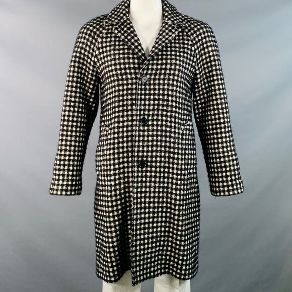 SANDRO Size L Black White Checkered Wool Blend Buttoned Raglan Coat - Picture 1 of 11